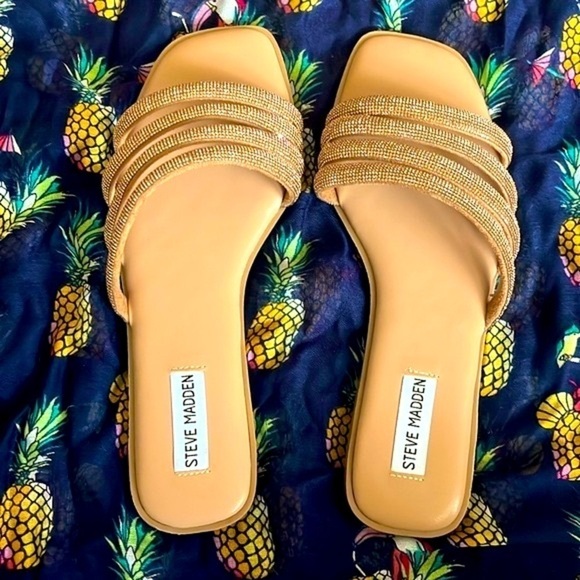 Brand New Steve Madden Rhinestone Multi-Strap Slip-On Sandals Bling Bronze Slide - Picture 10 of 15